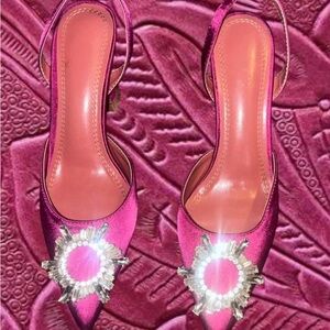 Fuchsia Satin Pointed Slingback Heels with Crystal Sunburst